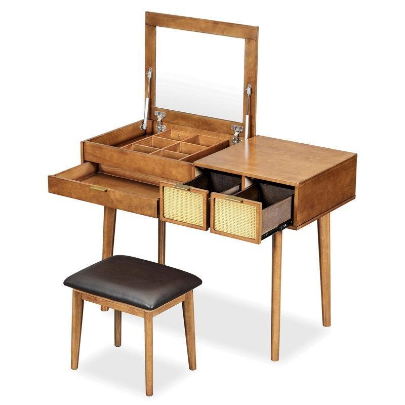 Ahşap Masif ve Rattan Detaylı Gizli Aynalı Çekmeceli Makyaj Masası - 111 cm - 121471