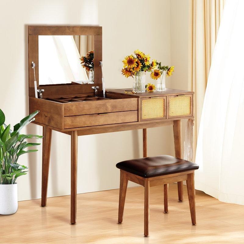 Ahşap Masif ve Rattan Detaylı Gizli Aynalı Çekmeceli Makyaj Masası - 111 cm - 121471