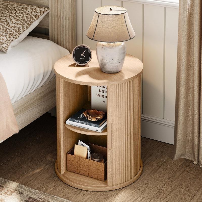 Ahşap Rengi MDF ve Masif Ayaklı Sürgülü Tambur Kapaklı Yuvarlak Komodin - 46x29x60 cm - 128245