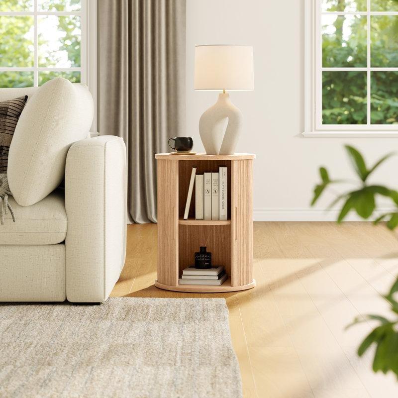 Ahşap Rengi MDF ve Masif Ayaklı Sürgülü Tambur Kapaklı Yuvarlak Komodin - 46x29x60 cm - 128245