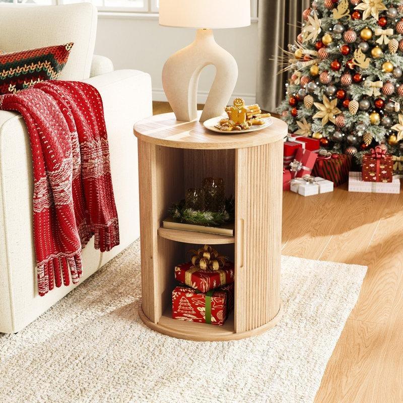 Ahşap Rengi MDF ve Masif Ayaklı Sürgülü Tambur Kapaklı Yuvarlak Komodin - 46x29x60 cm - 128245