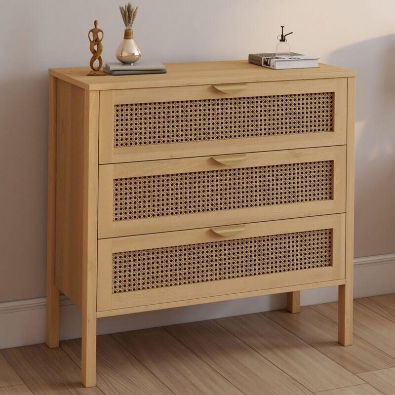 Ahşap Rengi Sentetik Hasır Detaylı 3 Çekmeceli Komodin - 80x40x80 cm - 127675