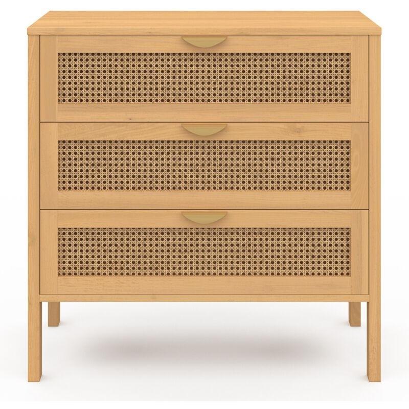 Ahşap Rengi Sentetik Hasır Detaylı 3 Çekmeceli Komodin - 80x40x80 cm - 127675