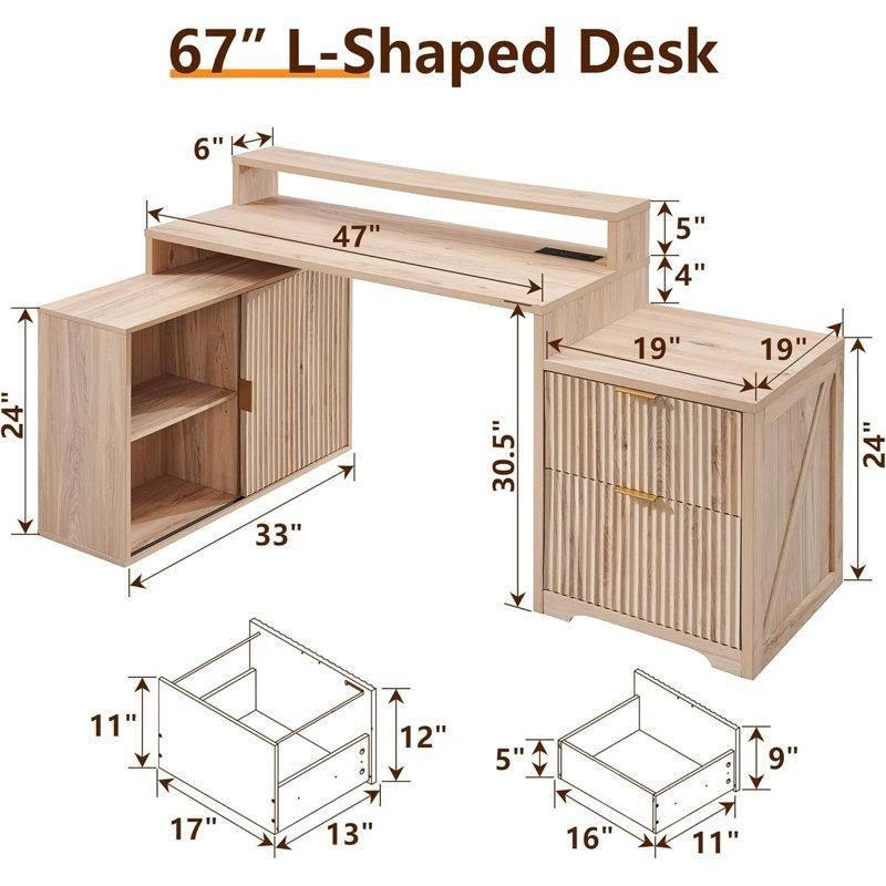 Ahşap USB Girişli Prizli L Şekilli Çekmeceli Dolaplı Bilgisayar Masası-87x168x84 cm - 116523