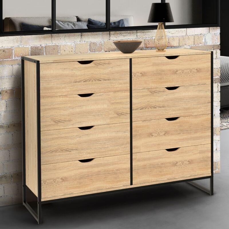 Ahşap ve Siyah Metal 8 Çekmeceli Endüstriyel Şifonyer - 115x39x95 cm - 123351