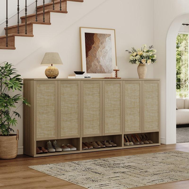 Amber Meşe Ahşap Rattan Görünümlü Kapaklı Ayakkabılık - 80x37x113 cm - 120721