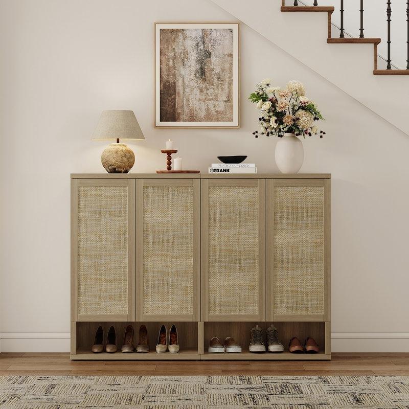 Amber Meşe Ahşap Rattan Görünümlü Kapaklı Ayakkabılık - 80x37x113 cm - 120721