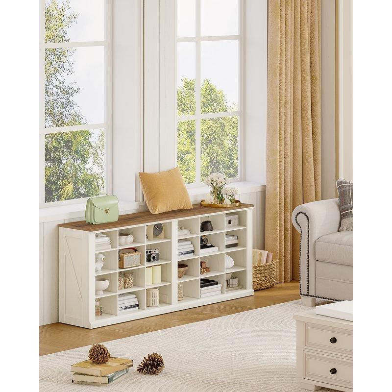 Antik Beyaz Endüstriyel Ahşap 24 Bölmeli Oturaklı Ayakkabılık Bench - 150 cm - 120568