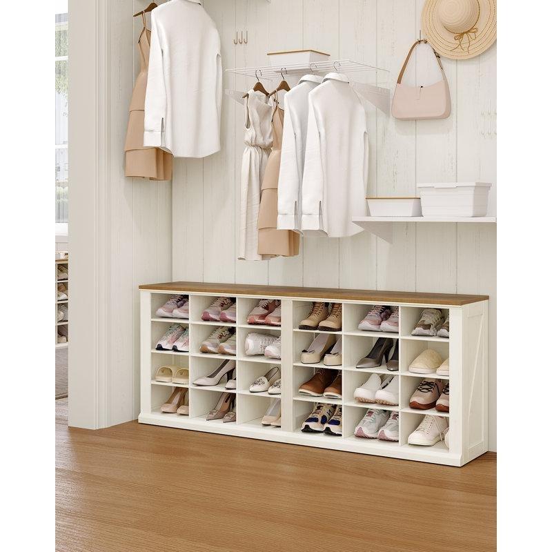 Antik Beyaz Endüstriyel Ahşap 24 Bölmeli Oturaklı Ayakkabılık Bench - 150 cm - 120568