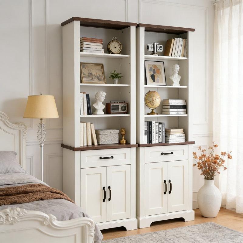 Antik Beyaz Endüstriyel Ahşap Çekmeceli ve Kapaklı Kitaplık - 60x183 cm - 141661