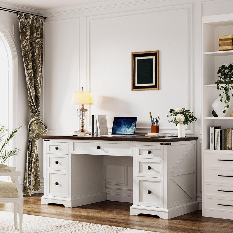 Antik Beyaz Kahverengi Endüstriyel Ahşap Çekmeceli Prizli Bilgisayar Masası-76x140x56 cm - 116796