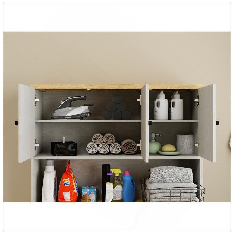 Antik Beyaz MDF Ayarlanabilir Raflı Kirli Sepetli Kapaklı Çamaşır Makinesi Dolabı-105x60x182 cm - 117849