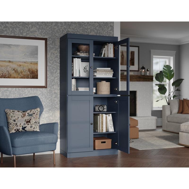 Antik Mavi Masif Çam 6 Raflı Cam Kapaklı Ayarlanabilir Kitaplık - 82x182x40 cm - 141559