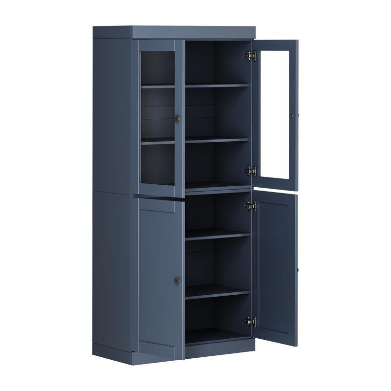 Antik Mavi Masif Çam 6 Raflı Cam Kapaklı Ayarlanabilir Kitaplık - 82x182x40 cm - 141559