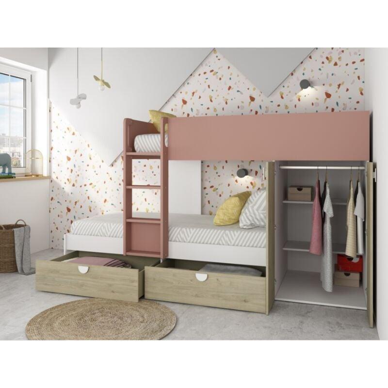 Antik Pembe Meşe ve Beyaz Melamin Dolaplı Çekmeceli Ranza - 264x108x147 cm - 125201