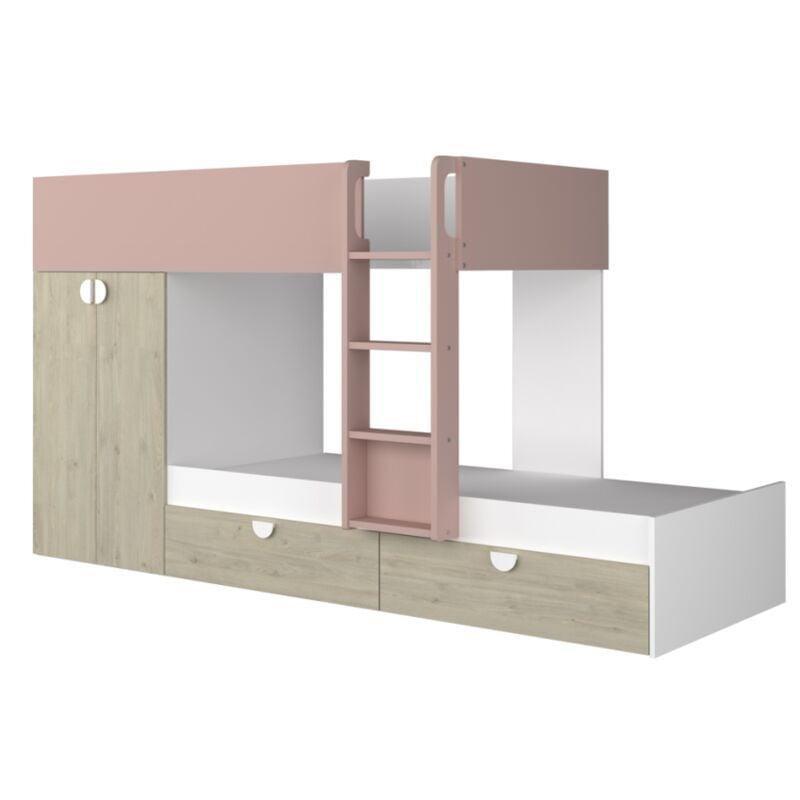 Antik Pembe Meşe ve Beyaz Melamin Dolaplı Çekmeceli Ranza - 264x108x147 cm - 125201