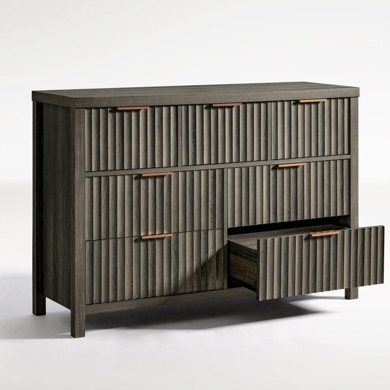 Antrasit Ahşap Dokulu Endüstriyel Ahşap Yivli Tasarım Gold Kulp Detaylı 7 Çekmeceli Şifonyer - 119 cm - 122926