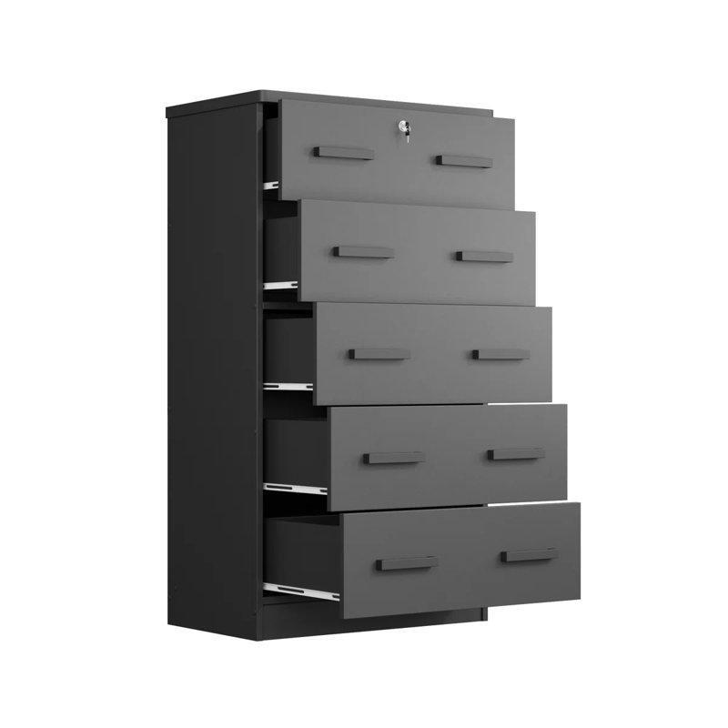 Antrasit Endüstriyel Ahşap Kilitli 5 Çekmeceli Yüksek Şifonyer - 81x41x143 cm - 122635