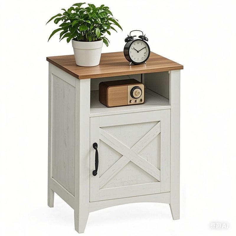 Antrasit Eskitme Ahşap X Desenli Dolaplı Komodin - 46x61 cm - 127445