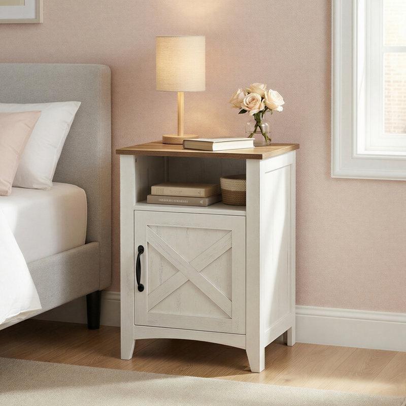 Antrasit Eskitme Ahşap X Desenli Dolaplı Komodin - 46x61 cm - 127445