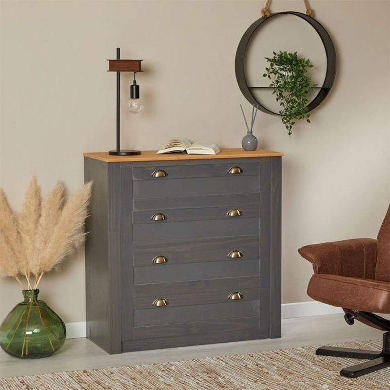 Antrasit Masif Çam Ağacı 4 Çekmeceli Gold Metal Kulplu Country Şifonyer - 91x40x93 cm - 123702