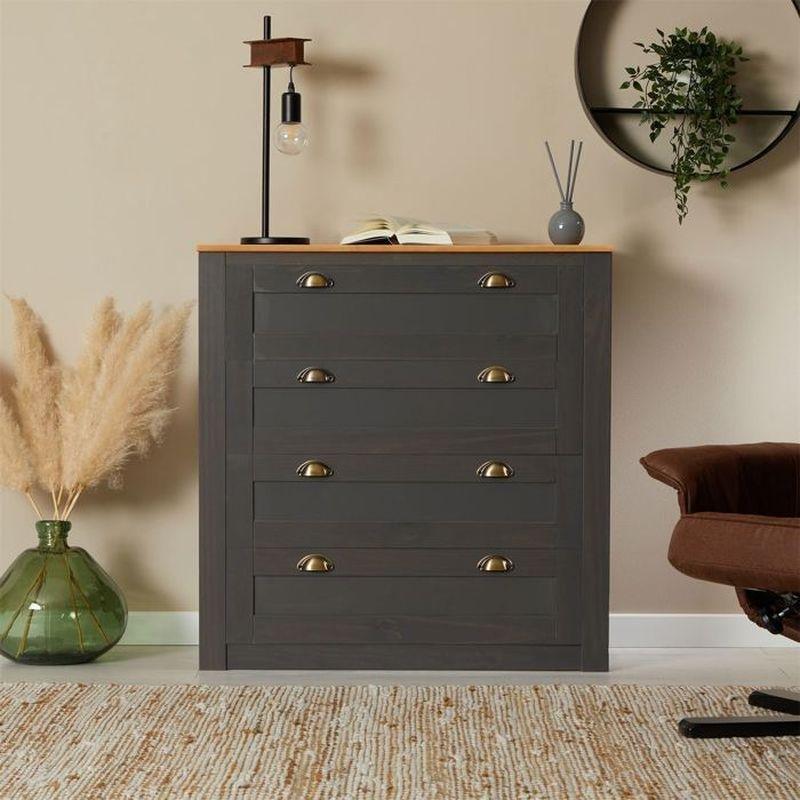 Antrasit Masif Çam Ağacı 4 Çekmeceli Gold Metal Kulplu Country Şifonyer - 91x40x93 cm - 123702