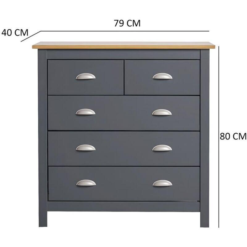 Antrasit Masif Çam Ağacı 5 Çekmeceli Metal Raylı Şifonyer - 79x40x80 cm - 123153