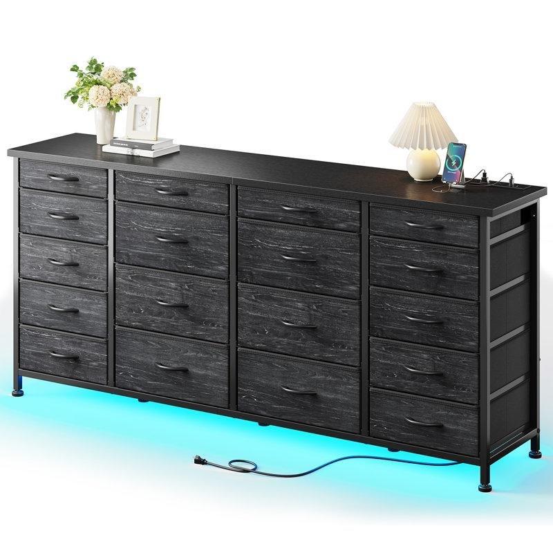 Antrasit Metal ve Ahşap 18 Çekmeceli LED Işıklı Şarj İstasyonlu Şifonyer - 160x30x80 cm - 122698