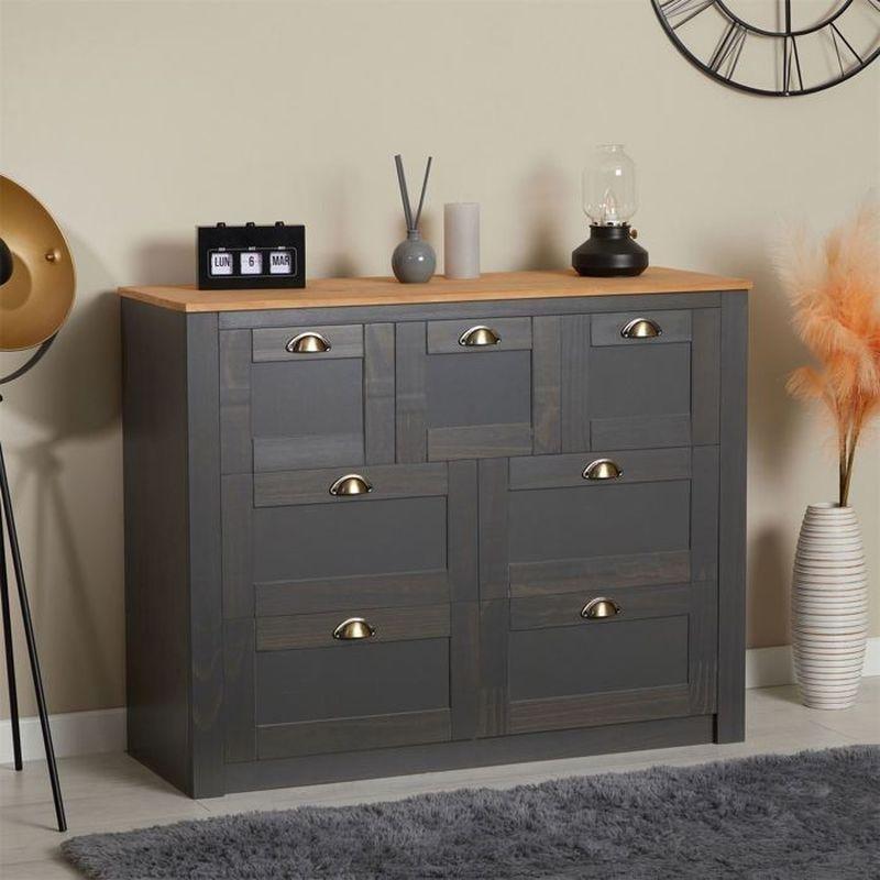 Antrasit ve Kahverengi Masif Çam Ağacı 7 Çekmeceli Gold Kulp Detaylı Şifonyer - 110x41x87 cm - 123747