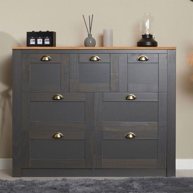 Antrasit ve Kahverengi Masif Çam Ağacı 7 Çekmeceli Gold Kulp Detaylı Şifonyer - 110x41x87 cm - 123747