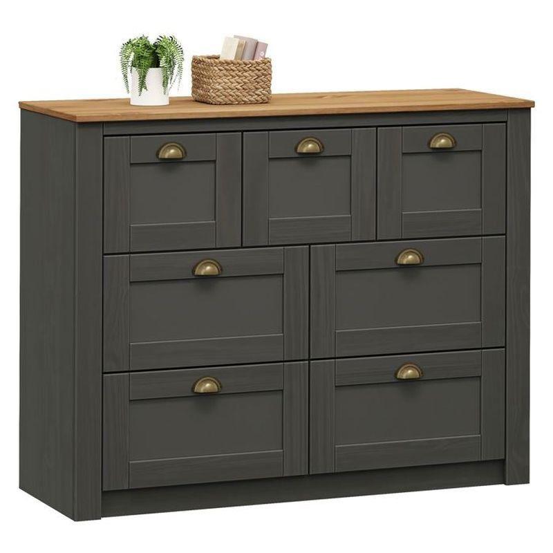 Antrasit ve Kahverengi Masif Çam Ağacı 7 Çekmeceli Gold Kulp Detaylı Şifonyer - 110x41x87 cm - 123747