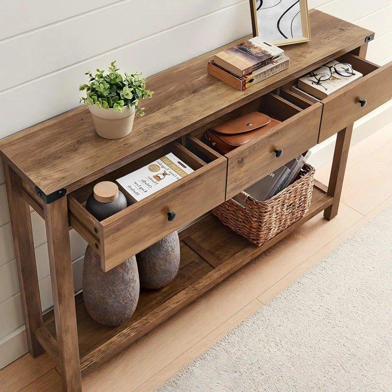 Bal Rengi Masif ve Endüstriyel Ahşap 3 Çekmeceli Raflı Country Dresuar - 121 cm - 132887