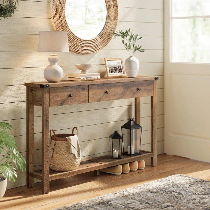 Bal Rengi Masif ve Endüstriyel Ahşap 3 Çekmeceli Raflı Country Dresuar - 121 cm - 132887