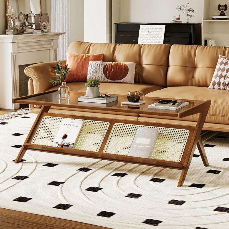 Bambu Hasır Raflı Temperli Cam Hasır Cam Sehpa-120x56x44 cm - 117531