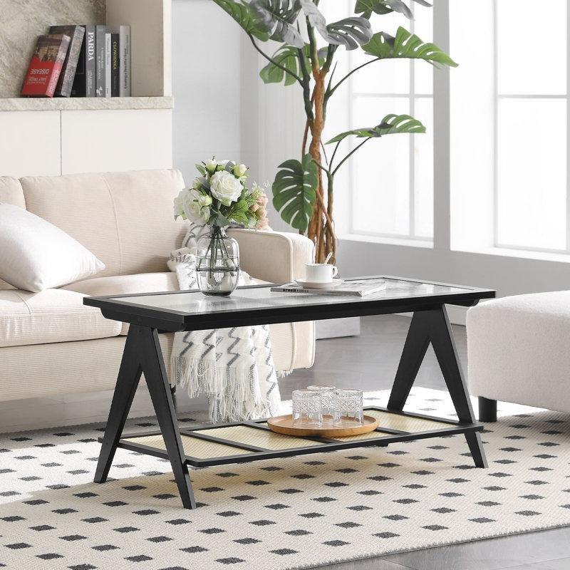 Bambu Raflı Dikdörtgen Hasır Cam Sehpa-101x51x51 cm - 117537
