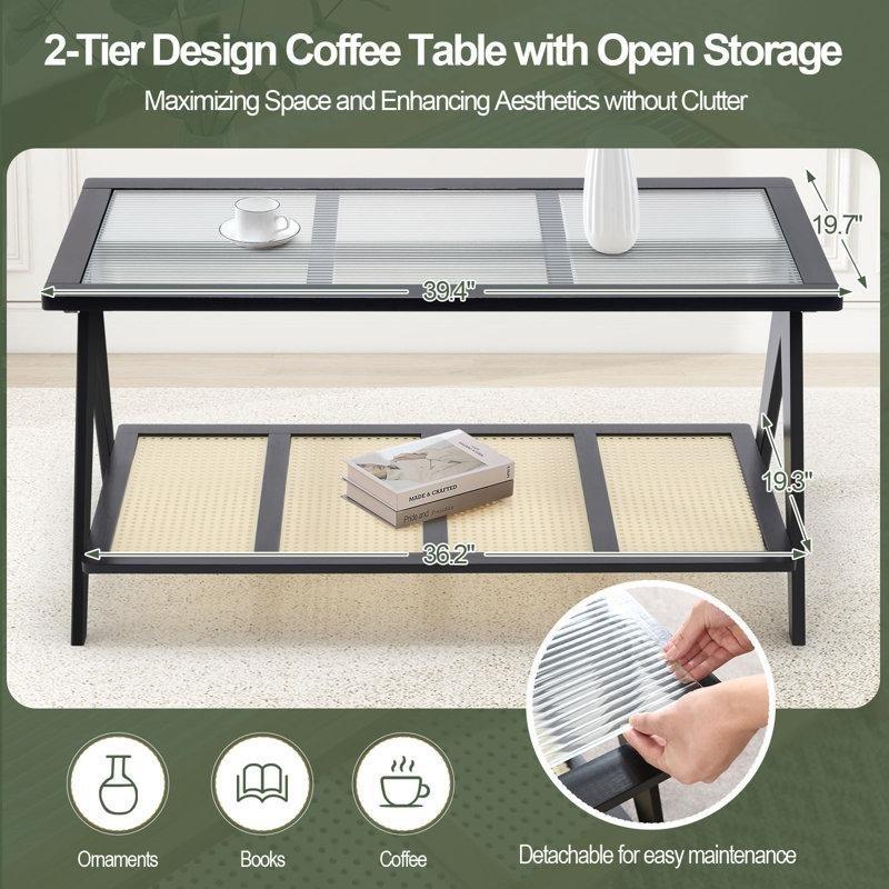 Bambu Raflı Dikdörtgen Hasır Cam Sehpa-101x51x51 cm - 117537
