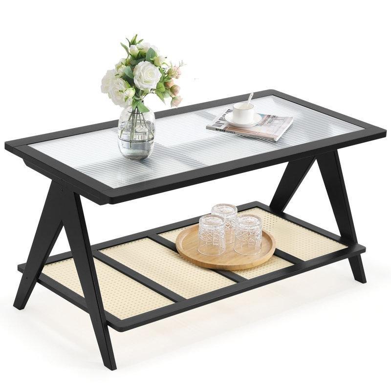 Bambu Raflı Dikdörtgen Hasır Cam Sehpa-101x51x51 cm - 117537