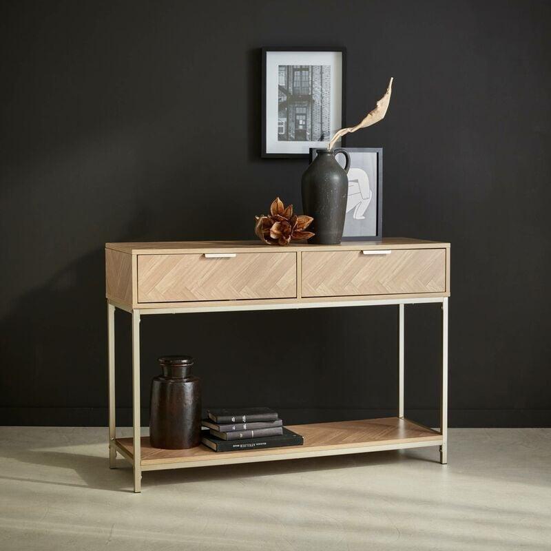 Bej Ahşap Balıksırtı Desenli Şampanya Metal Ayaklı 2 Çekmeceli Dresuar - 110x35x75 cm - 133910