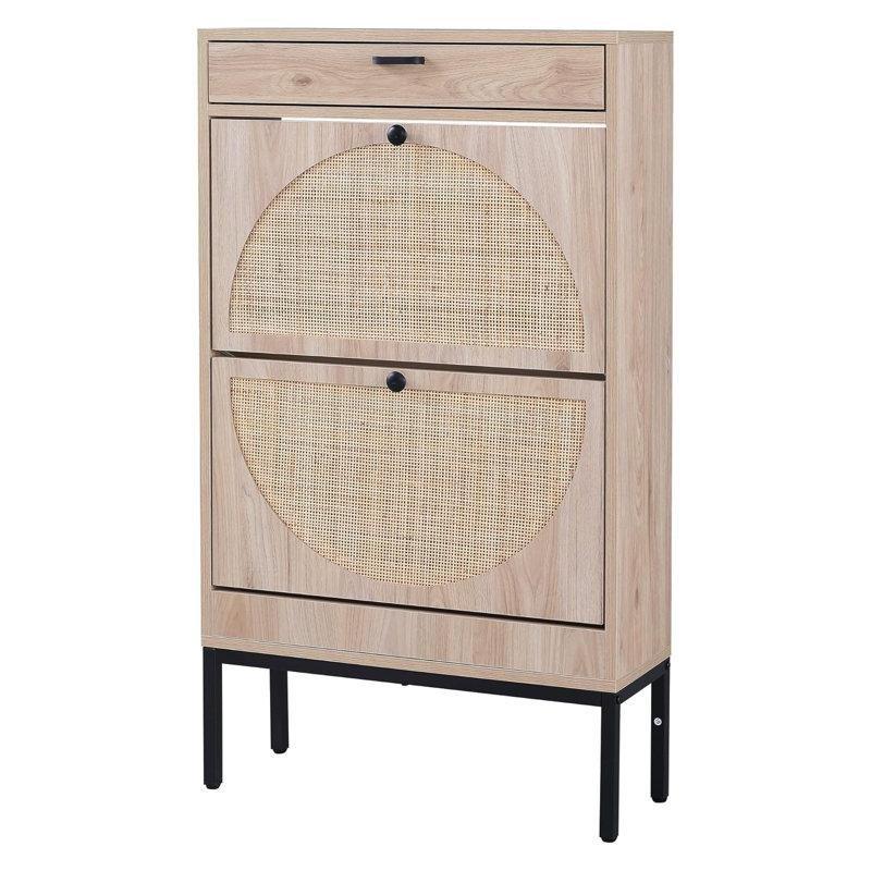 Bej Ahşap Rattan Detaylı Çekmeceli Düşer Kapaklı Hasır Ayakkabılık - 105x60x22 cm - 120973