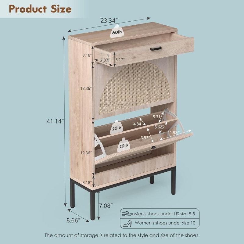 Bej Ahşap Rattan Detaylı Çekmeceli Düşer Kapaklı Hasır Ayakkabılık - 105x60x22 cm - 120973