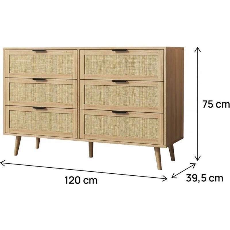 Bej Ahşap ve Hasır Detaylı 6 Çekmeceli Şifonyer - 120x40x75 cm - 123684