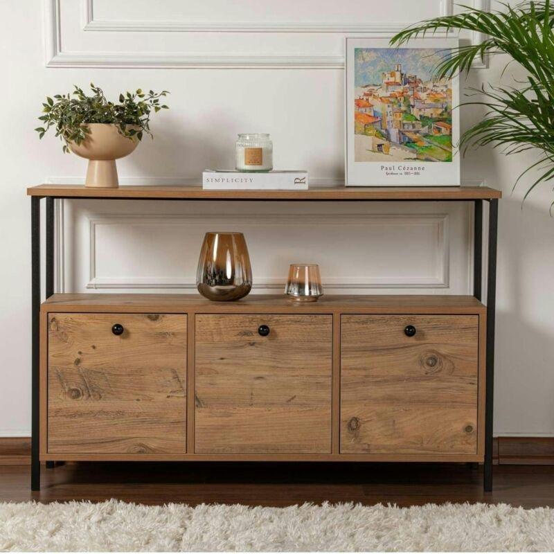 Bej Ahşap ve Metal 3 Bölmeli Raflı Dresuar - 120x30x77 cm - 133853