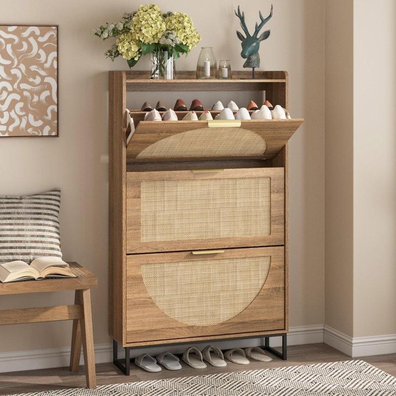 Bej Ahşap ve Rattan 3 Düşer Kapaklı 24 Çift Kapasiteli Hasır Ayakkabılık - 80x135 cm - 120934