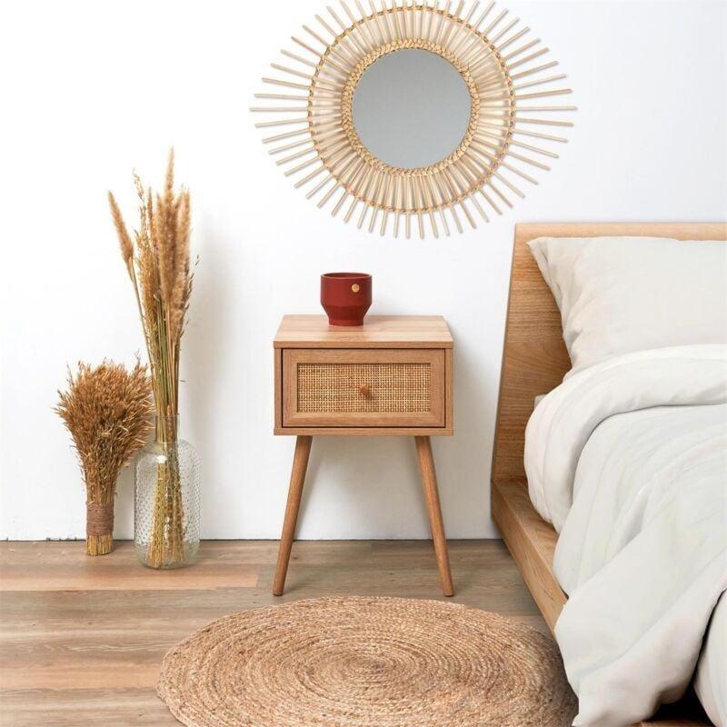 Bej Ahşap ve Rattan Hasırlı Tek Çekmeceli Komodin - 39x39x56 cm - 127682