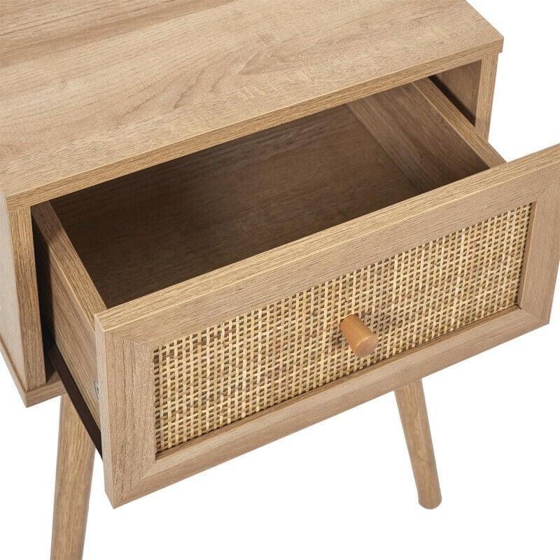 Bej Ahşap ve Rattan Hasırlı Tek Çekmeceli Komodin - 39x39x56 cm - 127682