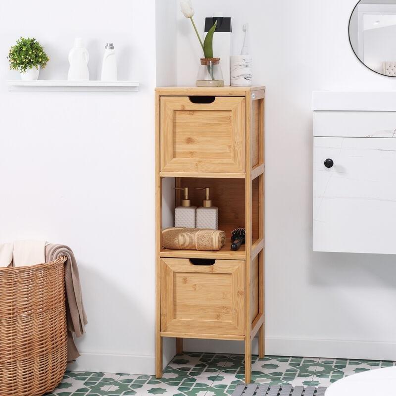 Bej Bambu Ayaklı 2 Çekmeceli Raflı Banyo Dolabı-30x30x90 cm - 113743