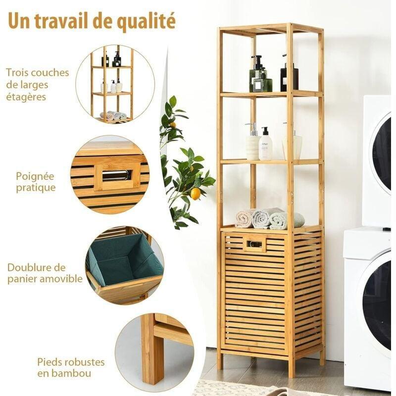 Bej Bambu Kirli Sepetli Raflı Banyo Dolabı-40x33x160 cm - 114040