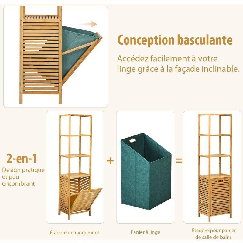 Bej Bambu Kirli Sepetli Raflı Banyo Dolabı-40x33x160 cm - 114040