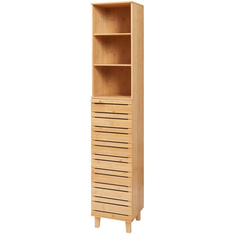 Bej Bambu Manyetik Kapaklı Raflı Banyo Dolabı-180x33x30 cm - 113608