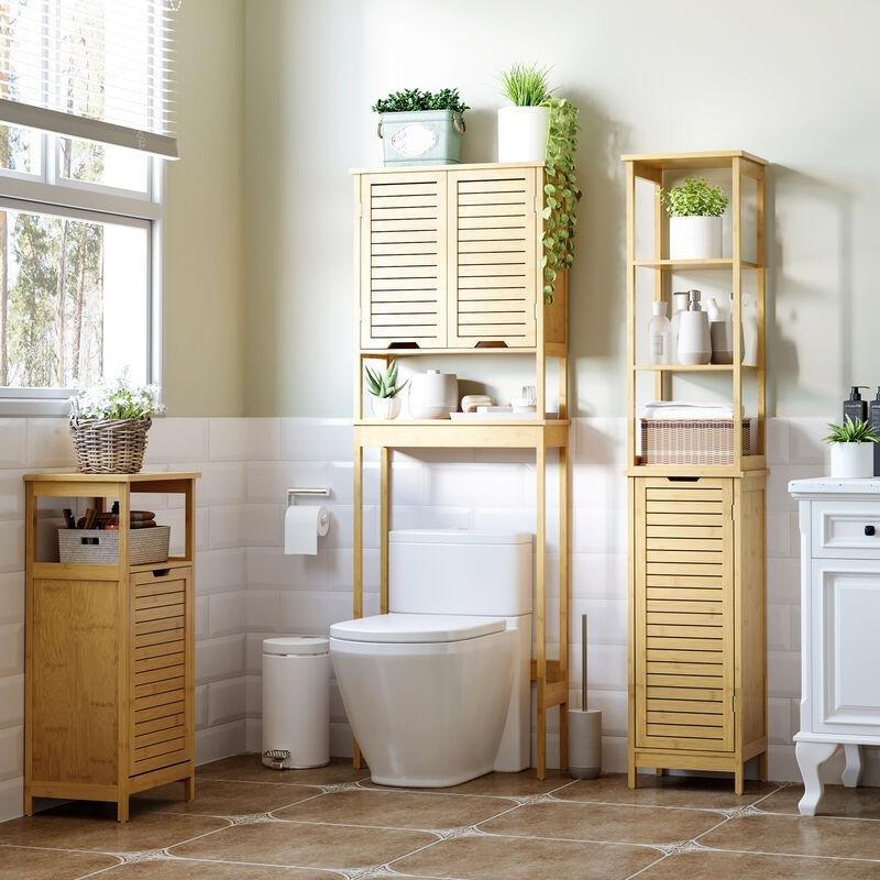 Bej Bambu MDF Raflı Banyo Dolabı-34x30x173 cm - 113710
